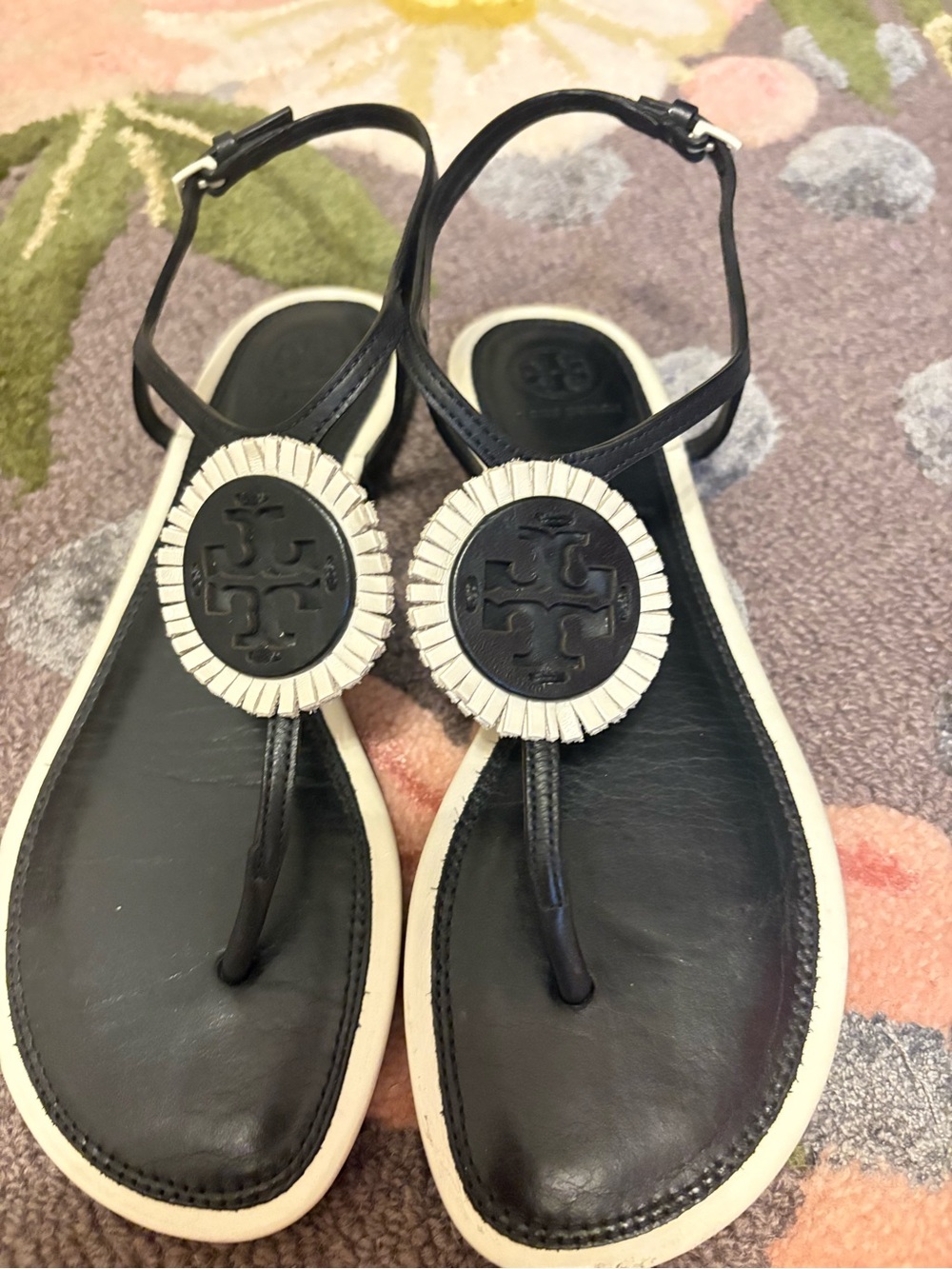 Tory Burch Black miller Sandal with White fringe size 7 like new.
